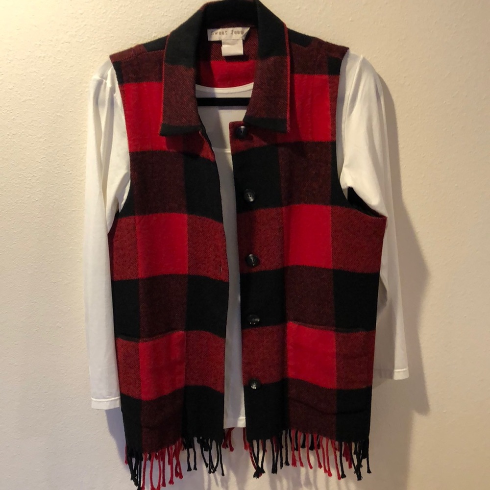 Sweet Jessie wool blend buffalo check vest, fringe